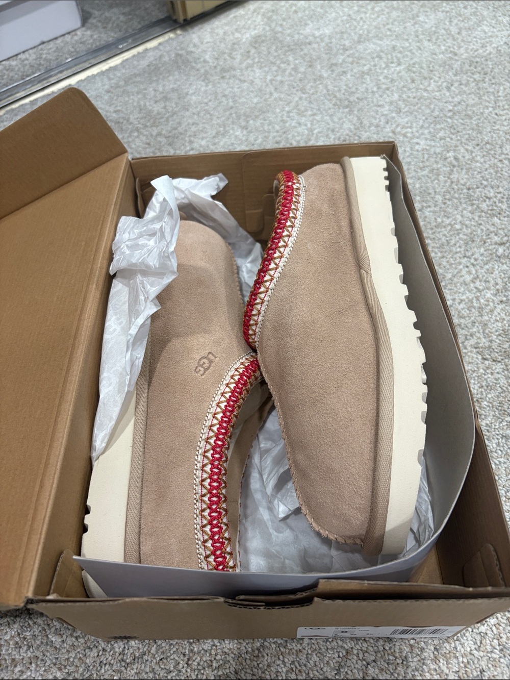 UGG Women's Beige Suede Slip-On Espadrille with Red Trim